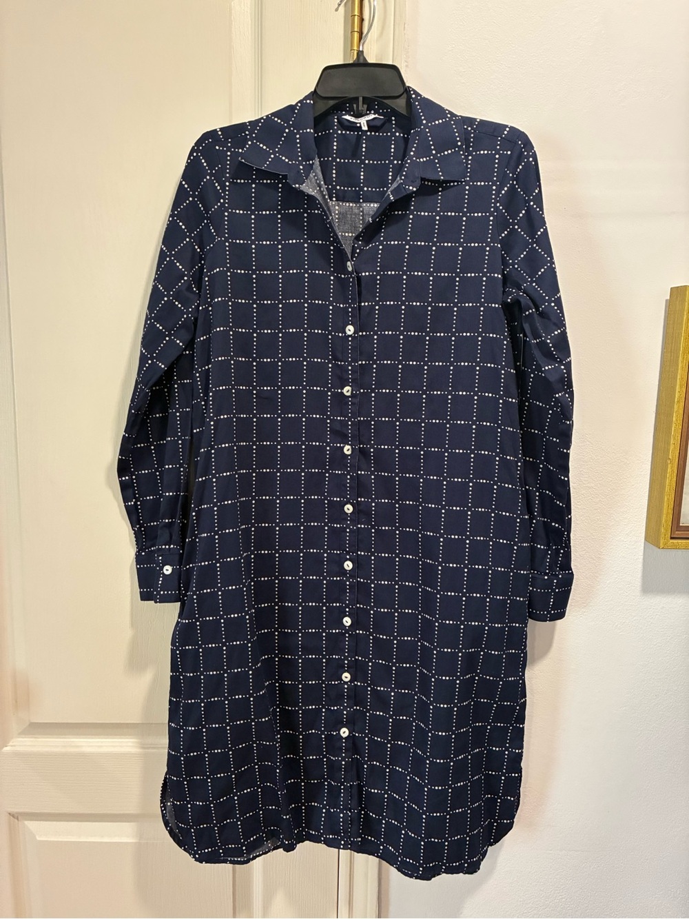 Navy Windowpane Button-Front Shirt Dress